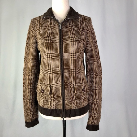 Lauren Ralph Lauren brown plaid zip front cotton sweater S - Picture 1 of 10